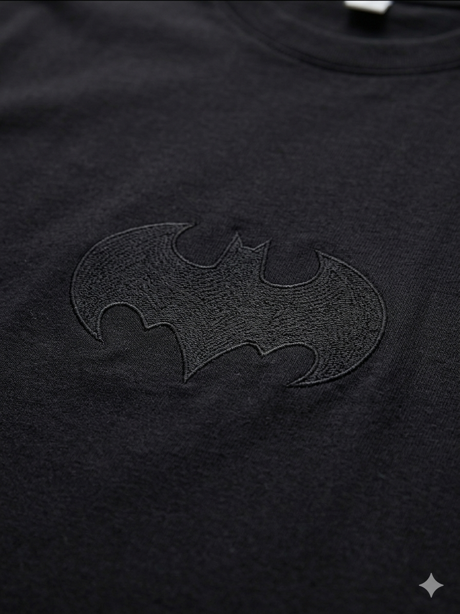 Batman embossed logo detail on premium black cotton t-shirt