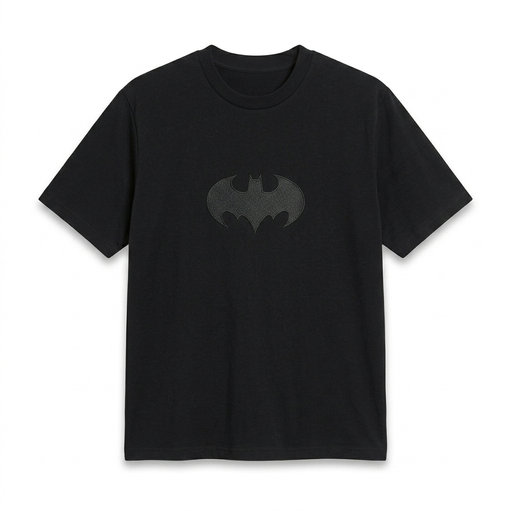 Black t-shirt with Batman logo on a white background