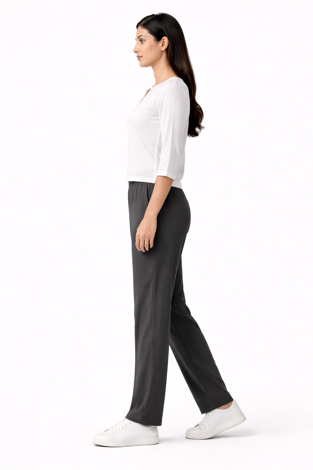 Varivaha Women's Dark Grey Straight Fit Trouser | Elastic Waist Cotton Blend Pants | Regular Cotton Black Women Trouser