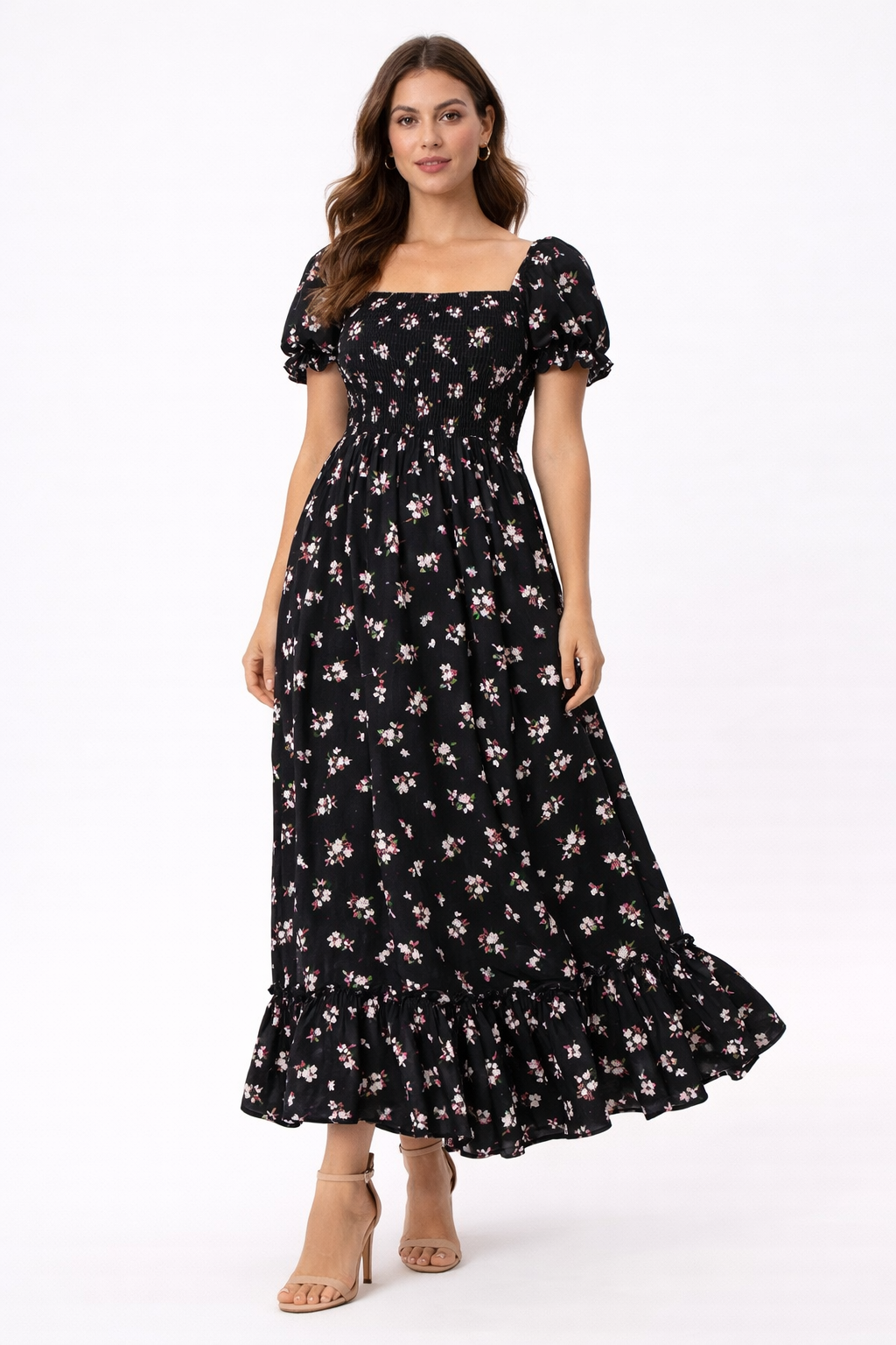 Black Floral Print Smocked Midi Dress for Women | Puff Sleeve Dress