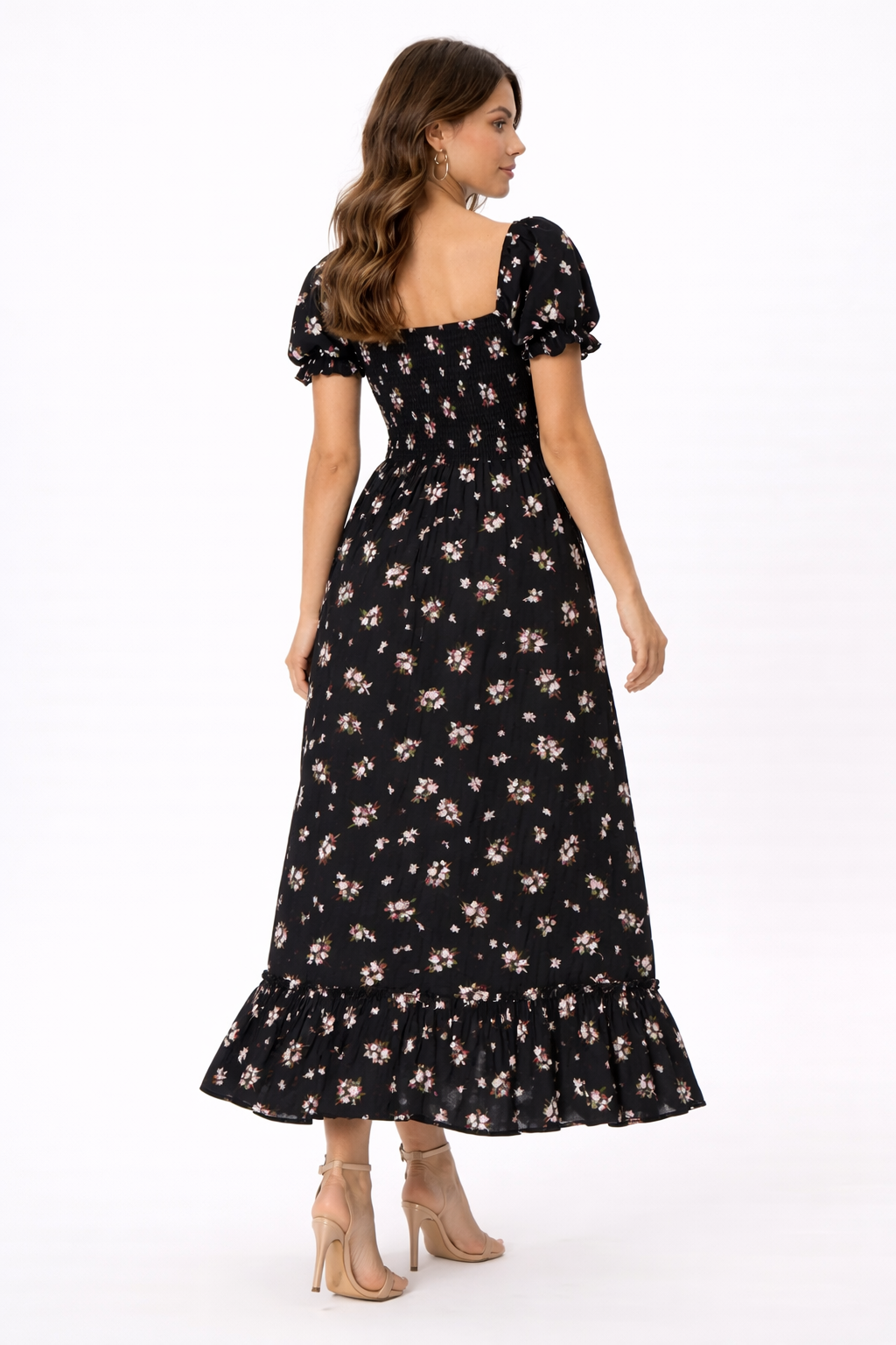 Black Floral Print Smocked Midi Dress for Women | Puff Sleeve Dress