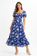 Royal Blue Tropical Palm Print Smocked Midi Dress for Women | Puff Sleeve Summer Dress