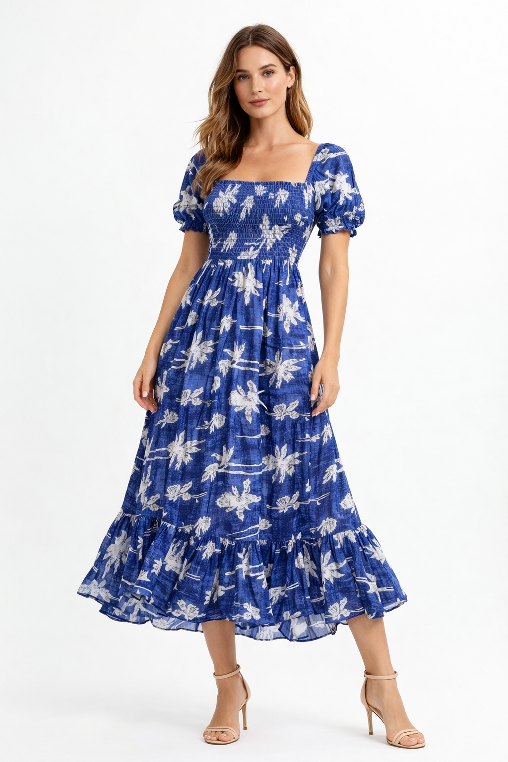 Royal Blue Tropical Palm Print Smocked Midi Dress for Women | Puff Sleeve Summer Dress