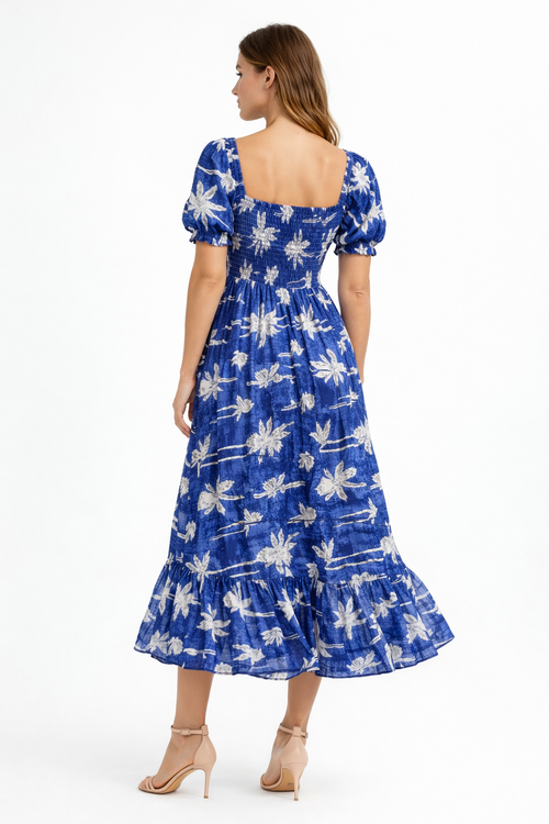 Royal Blue Tropical Palm Print Smocked Midi Dress for Women | Puff Sleeve Summer Dress