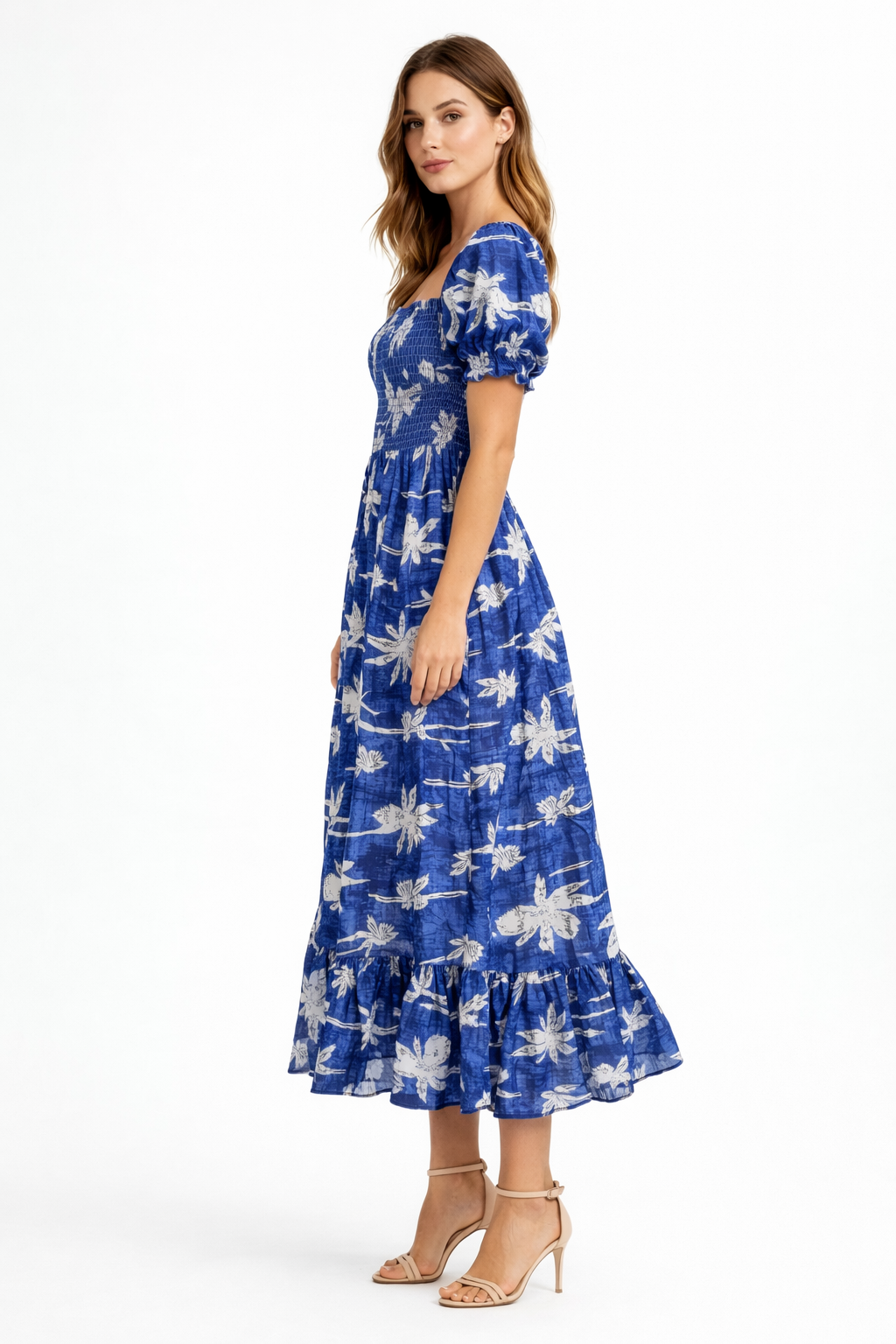 Royal Blue Tropical Palm Print Smocked Midi Dress for Women | Puff Sleeve Summer Dress