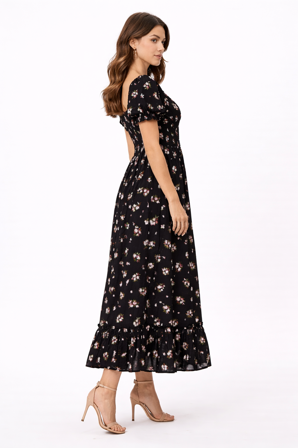Black Floral Print Smocked Midi Dress for Women | Puff Sleeve Dress