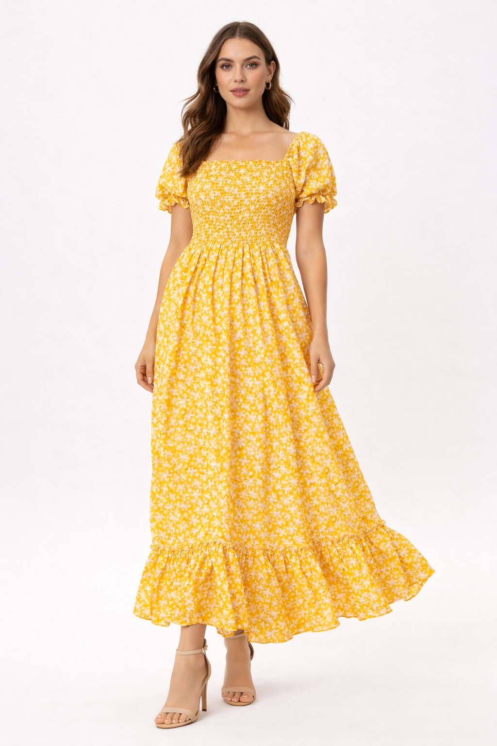 Sunlit Bloom Smocked Maxi Dress – Yellow Floral Summer Dress for Women| Puff Sleeve Dress