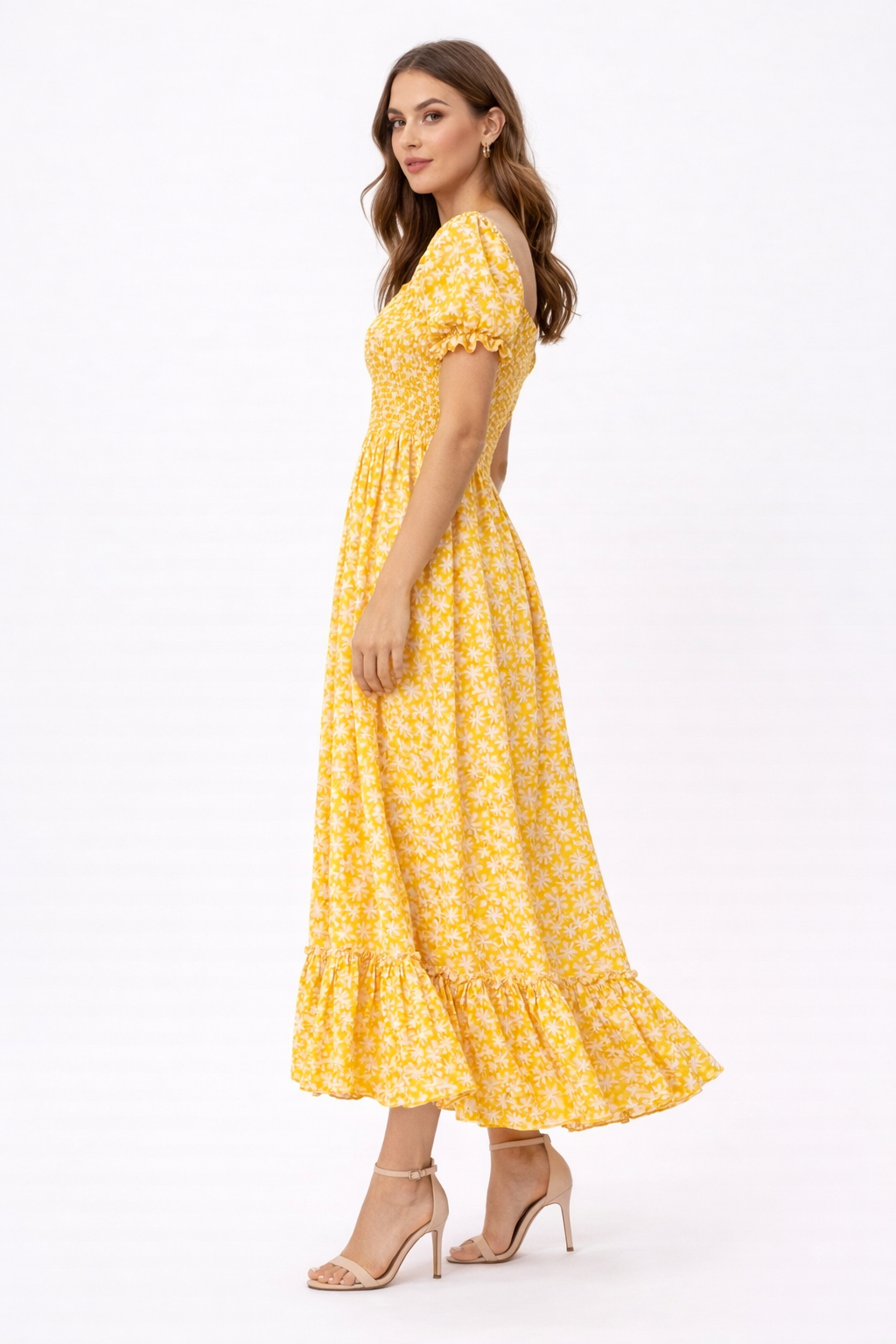 Sunlit Bloom Smocked Maxi Dress – Yellow Floral Summer Dress for Women| Puff Sleeve Dress