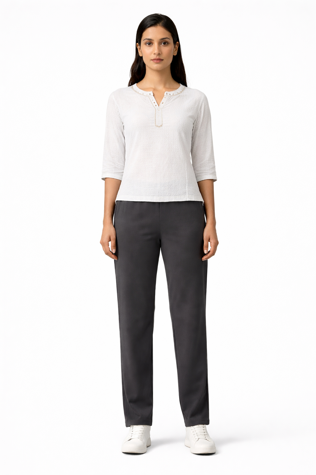 Varivaha Women's Dark Grey Straight Fit Trouser | Elastic Waist Cotton Blend Pants | Regular Cotton Black Women Trouser