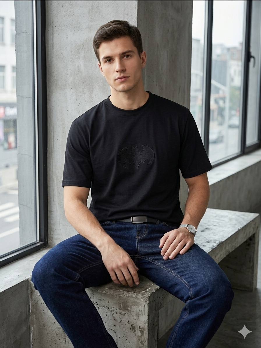 Man sitting on a concrete ledge by a window with a cityscape view