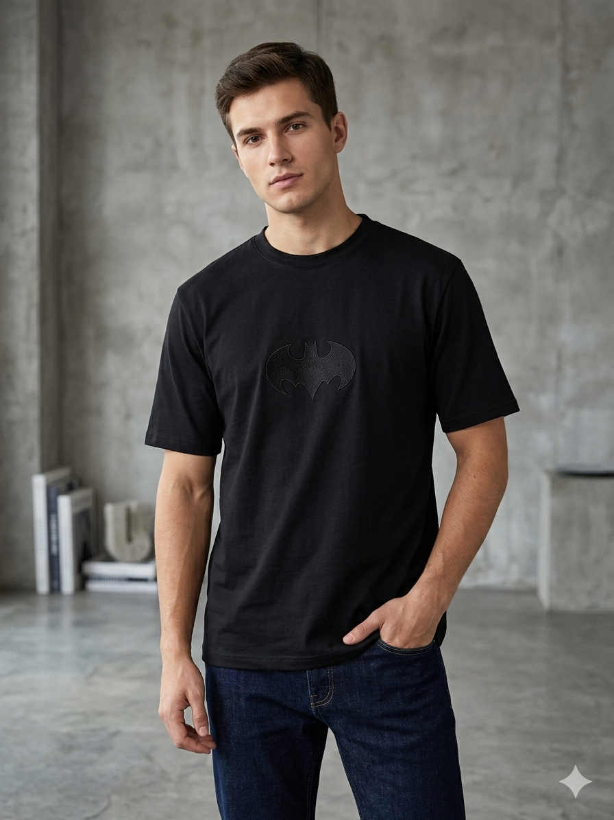 Man wearing a black t-shirt with a small logo in a gray room.